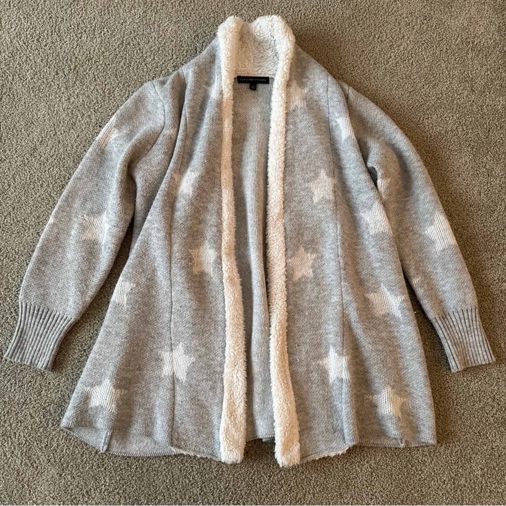 Adrienne Vittadini Sherpa Open Front Cardigan Cozy Stars Gray Sz Large